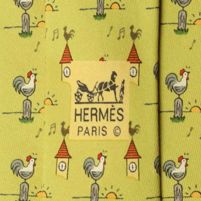 Hermes Men's Silk Tie Whimsical Roosters and Clocks Pattern 7871 | Necktie Cravate