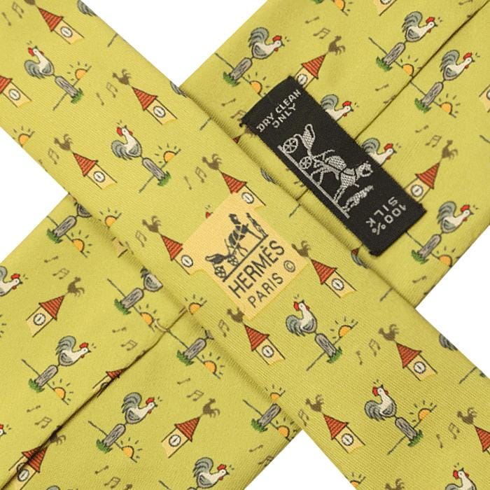 Hermes Men's Silk Tie Whimsical Roosters and Clocks Pattern 7871 | Necktie Cravate