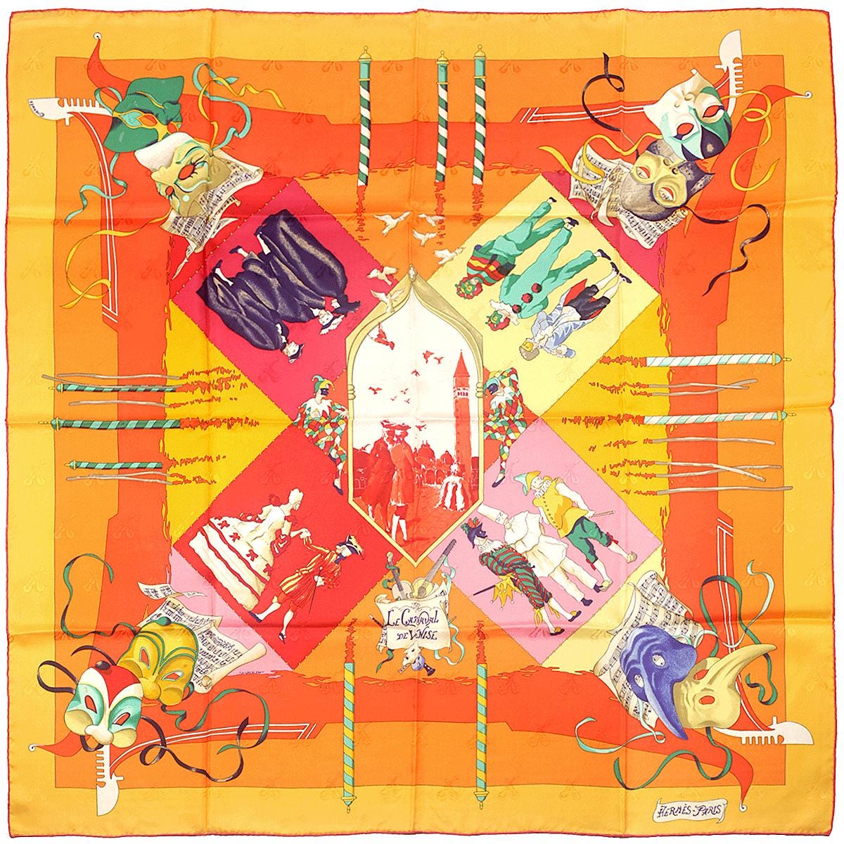 Hermes Scarf Jacquard "Le Carnaval de Venise" by Hubert de Watrigant 90cm Silk | Carre Foulard