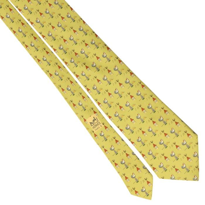 Hermes Men's Silk Tie Whimsical Roosters and Clocks Pattern 7871 | Necktie Cravate