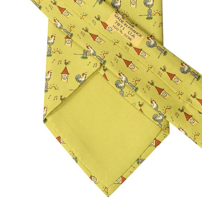 Hermes Men's Silk Tie Whimsical Roosters and Clocks Pattern 7871 | Necktie Cravate