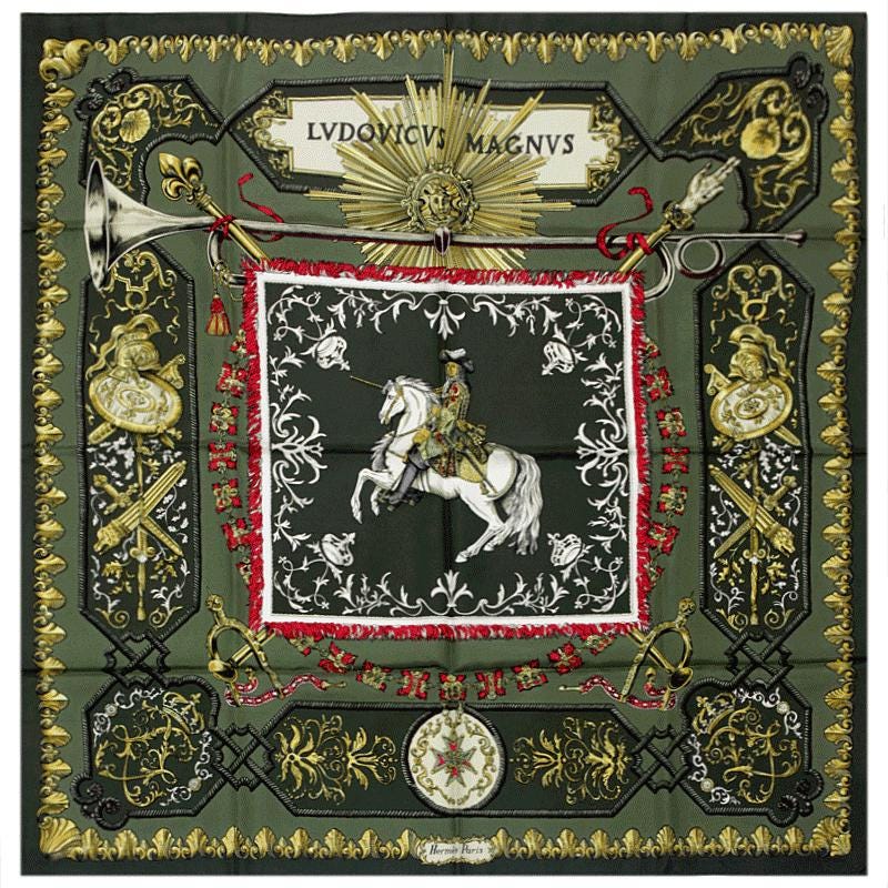 Hermès エルメス LVDOVICVS MAGNVS、美品。 エルメス カレ90 LVDOVICVS MAGNVS 白イ馬ニ跨ッタルイ14世 スカーフ