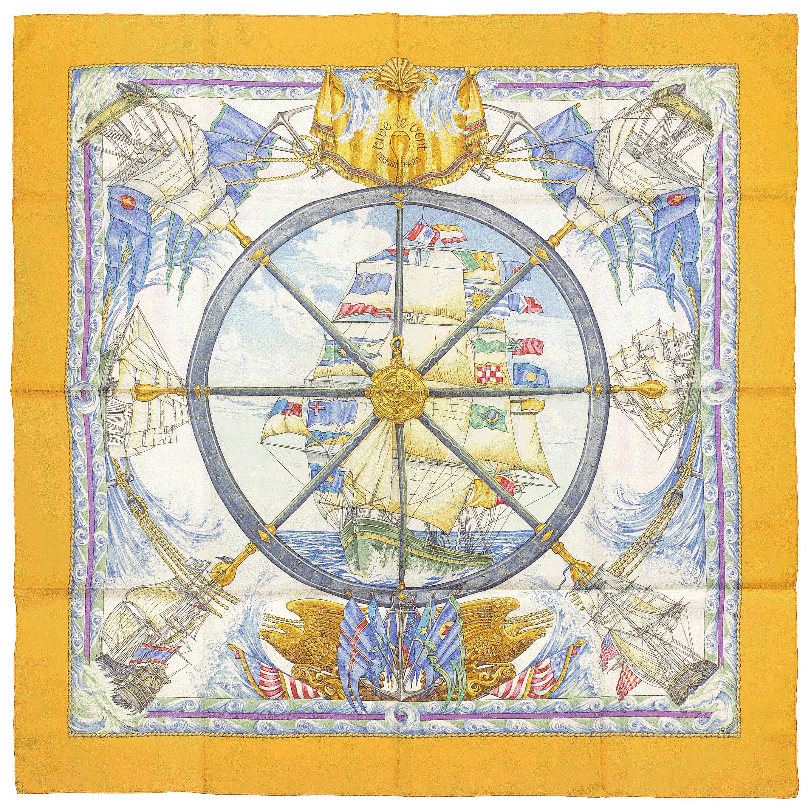 Hermes Scarf "Vive le Vent" by Laurence Bourthoumieux Vintage 90cm Silk | Carre Foulard