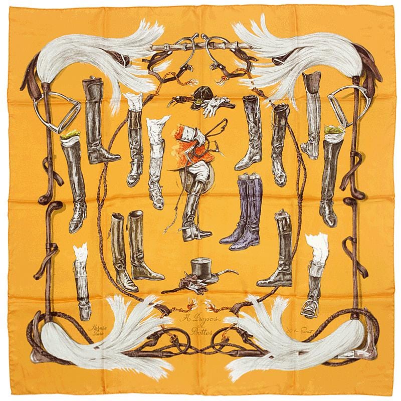 Hermes Scarf "Propos de Bottes" by Xavier De Poret 90cm Silk | Carre Foulard