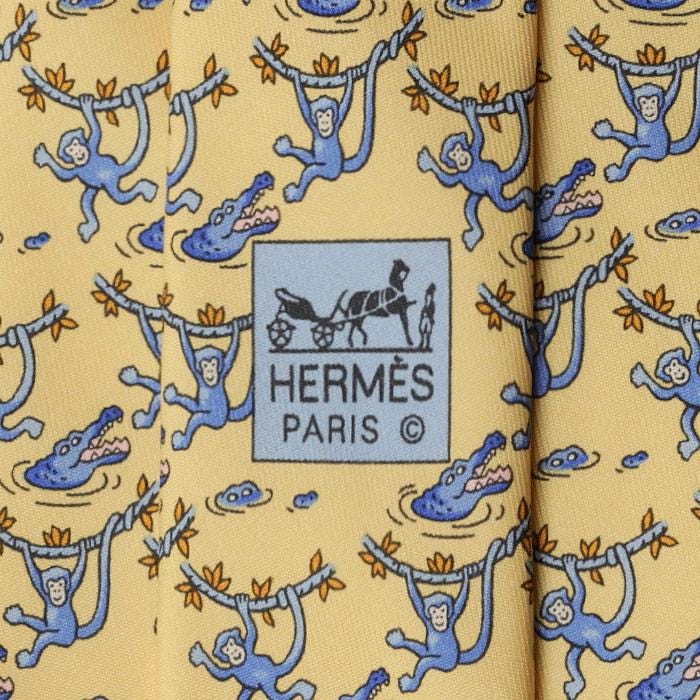 Hermes Men's Silk Tie Whimsical Monkey and Crocodile Pattern 7682 | Necktie Cravate