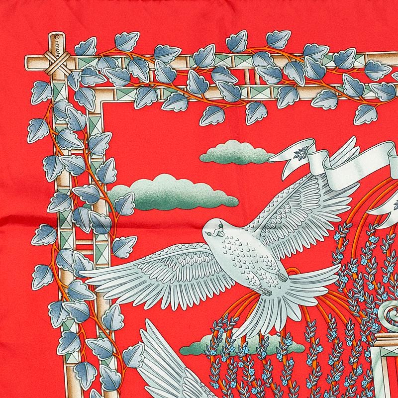 ☘️極美品☘️ HERMES　 Envol 飛翔　スカーフ カレ90 鳩 ハト エルメス HERMES/スカーフ カレ90 飛翔 Envol レッド 鳩 植物 宮殿