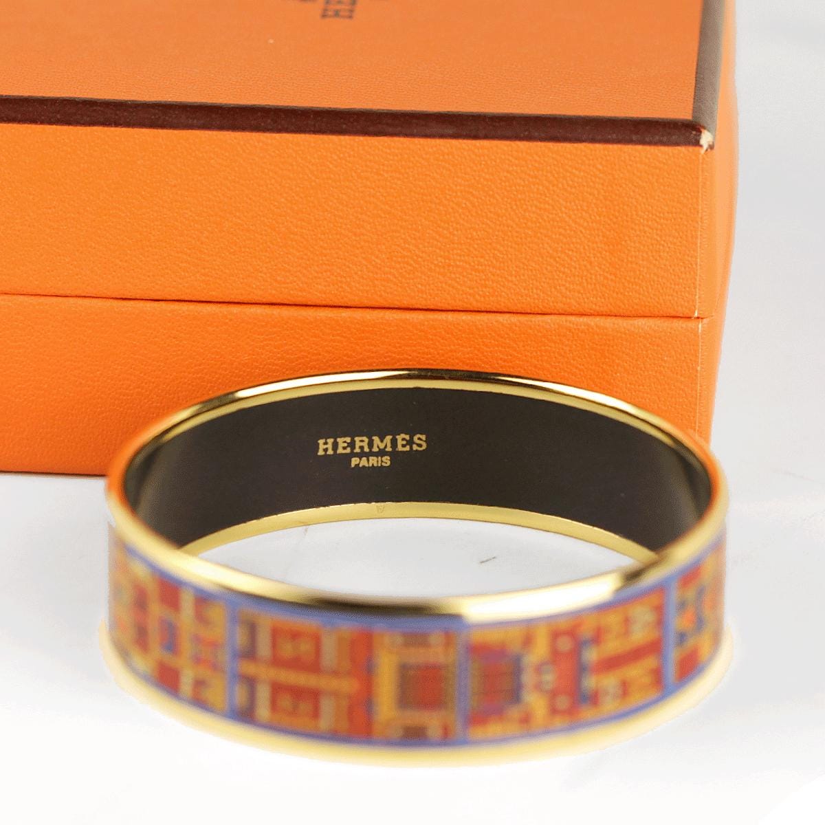 Hermes Bracelet 65 Wide Gold Enamel Mosaic Print | Bangle GHW
