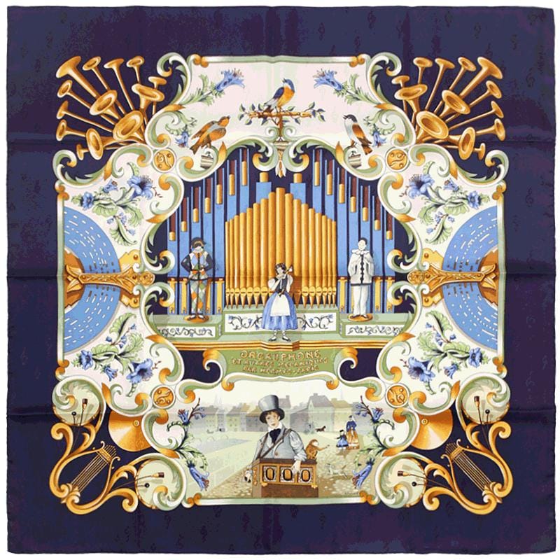 Hermes Scarf "Orgauphone et Autres Mecaniques" by Francoise Faconnet Vintage 90cm Silk