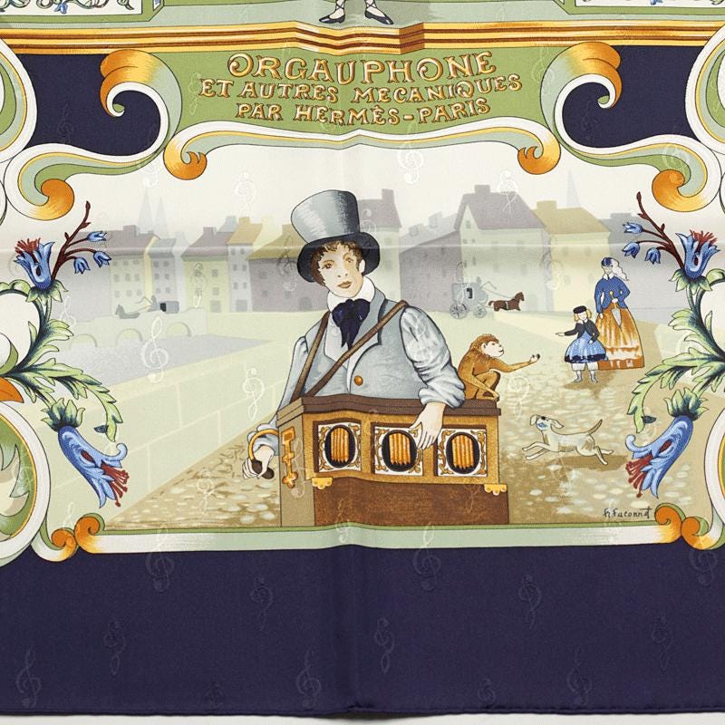 Hermes Scarf "Orgauphone et Autres Mecaniques" by Francoise Faconnet Vintage 90cm Silk