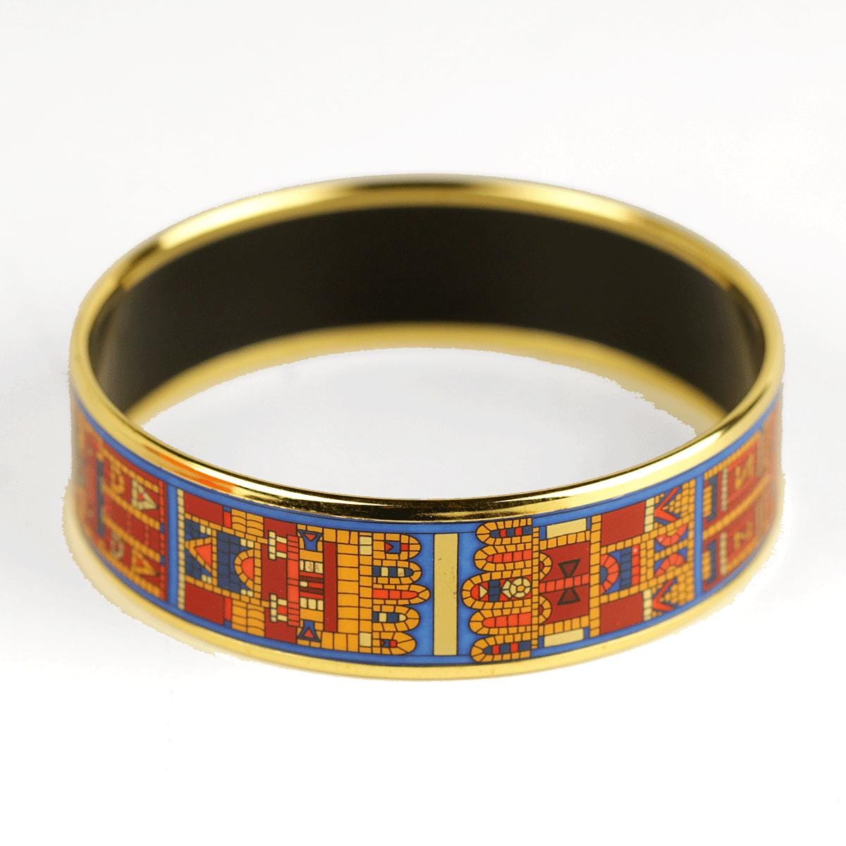 Hermes Bracelet 65 Wide Gold Enamel Mosaic Print | Bangle GHW