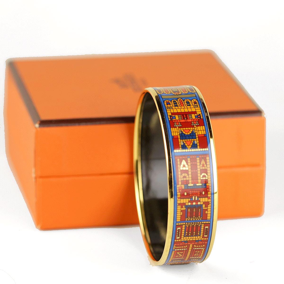 Hermes Bracelet 65 Wide Gold Enamel Mosaic Print | Bangle GHW