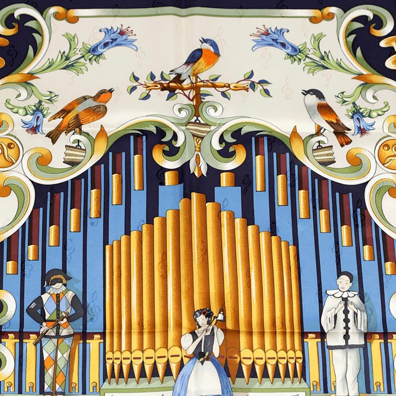 Hermes Scarf "Orgauphone et Autres Mecaniques" by Francoise Faconnet Vintage 90cm Silk