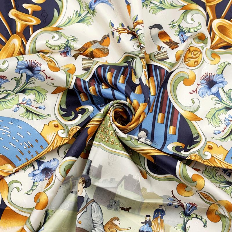 Hermes Scarf "Orgauphone et Autres Mecaniques" by Francoise Faconnet Vintage 90cm Silk