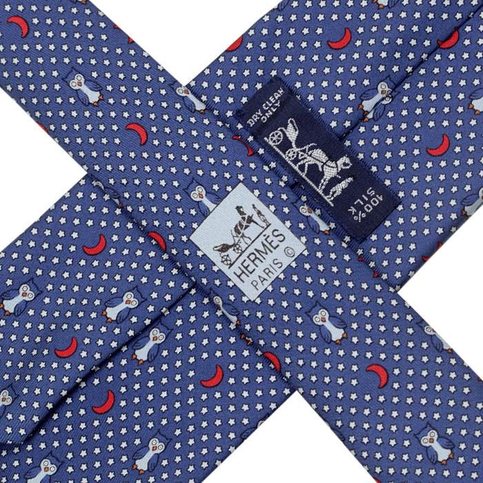 Hermes Men's Silk Tie Whimsical Owls and Moons Pattern 7997 | Necktie Cravate