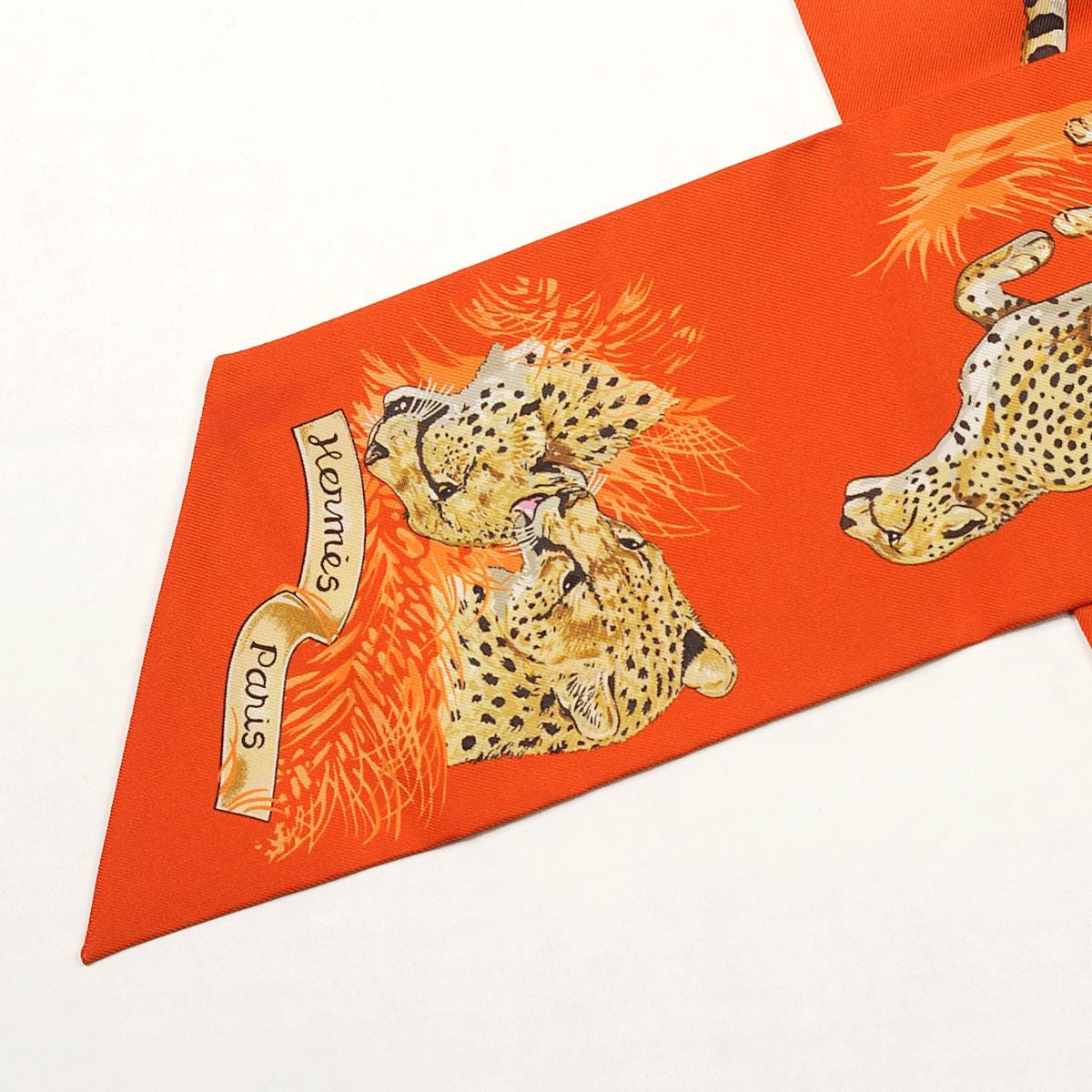 Hermes Scarf Maxi Twilly Slim "Guepards" by Robert Dallet Silk 10cm x 180cm | Carre Foulard