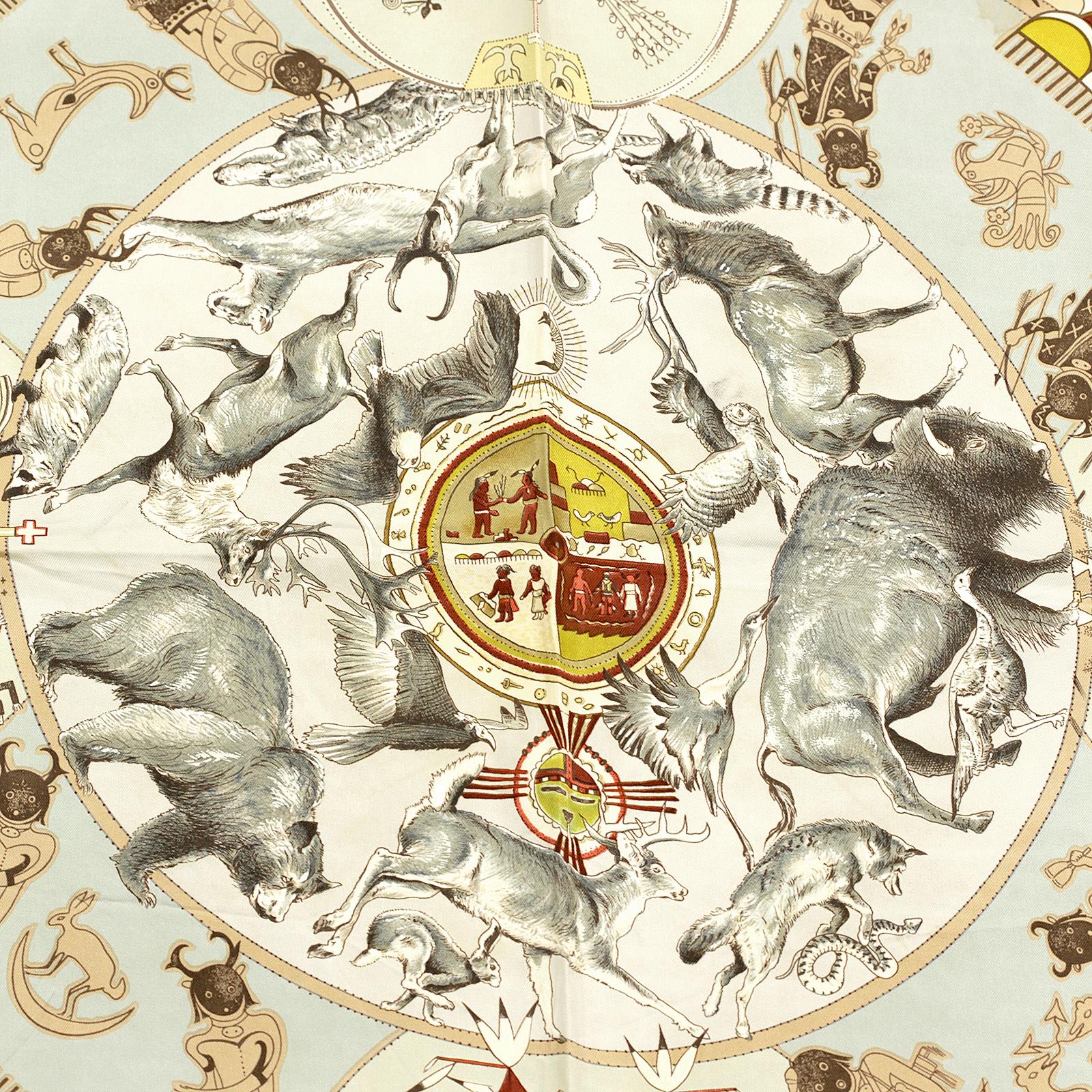 Hermes Scarf "Mythologies des Hommes Rouges" by Kermit Oliver 90cm Silk