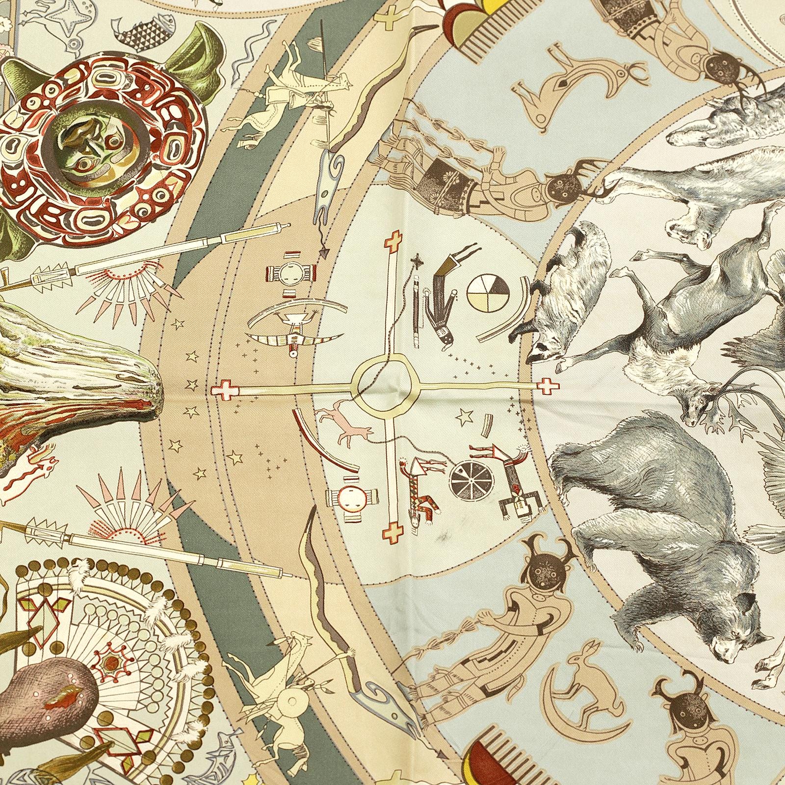 Hermes Scarf "Mythologies des Hommes Rouges" by Kermit Oliver 90cm Silk