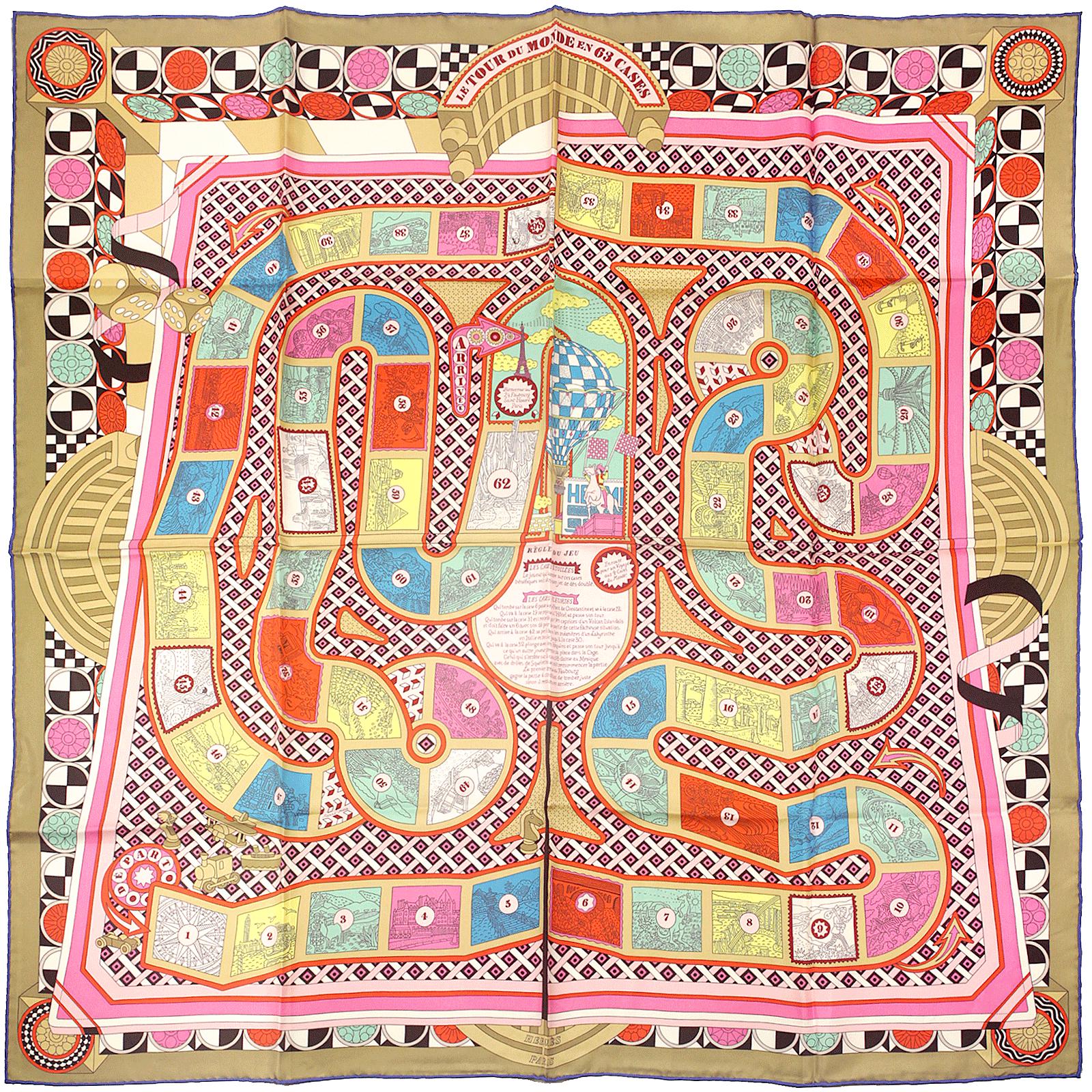 Hermes Scarf "Le Tour du Monde en 63 Cases" by Pierre Marie 90cm Silk | Carre Foulard