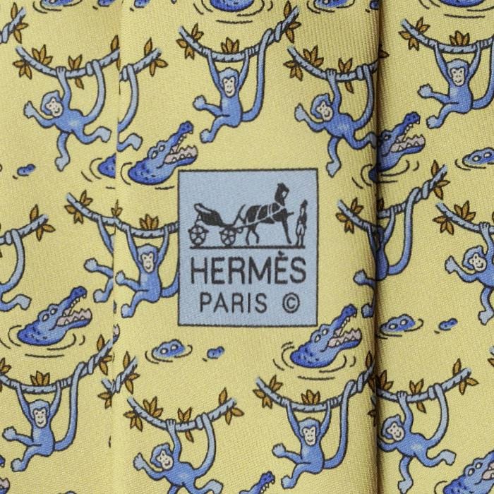 Hermes Men's Silk Tie Whimsical Monkey and Crocodile Pattern 7682 | Necktie Cravate