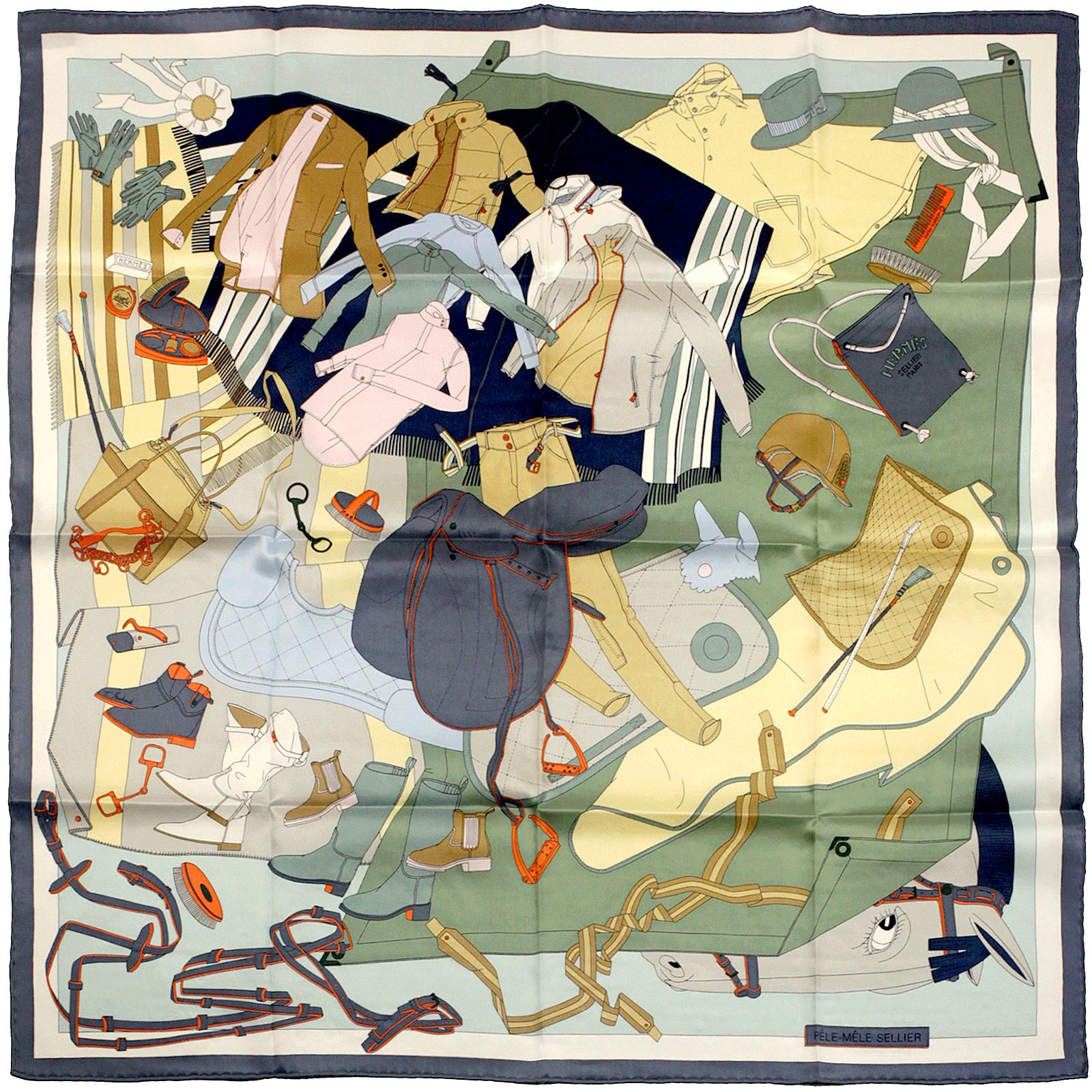 Hermes Scarf "Pele-Mele Sellier" by Thibaut Huchard 70cm Silk | Carre Foulard