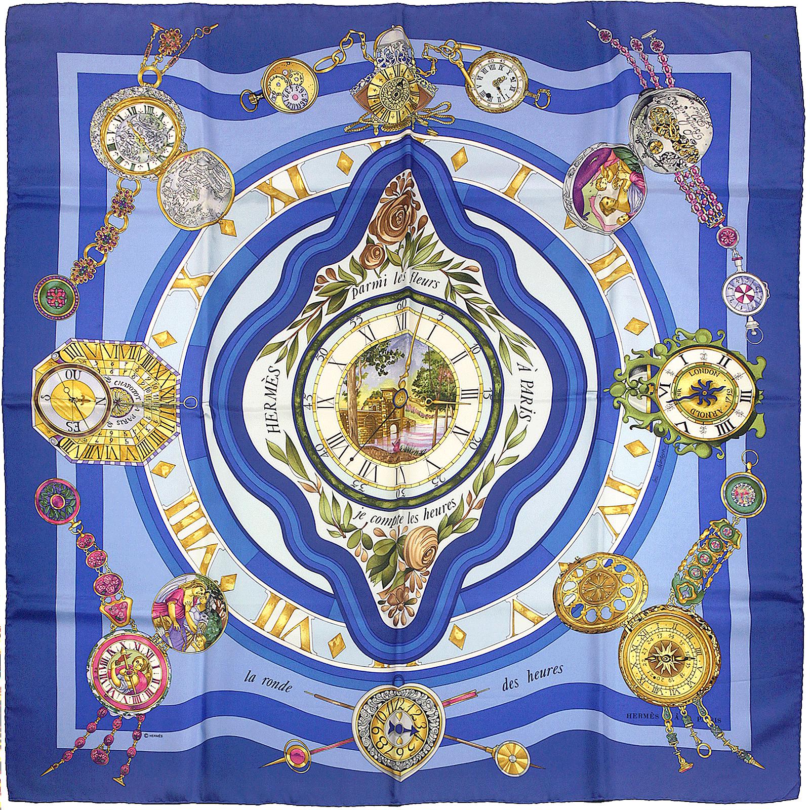 Hermes Scarf "La Ronde des Heures" by Loic Dubigeon 90cm Silk | Foulard Carre