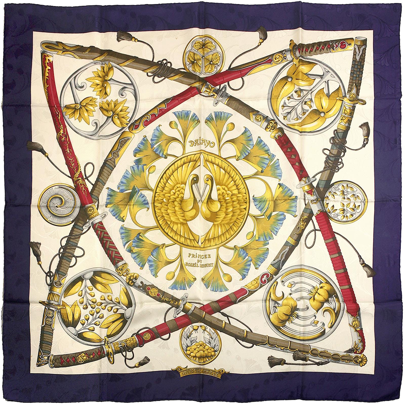 Hermes Scarf "Daimyo Princes de Soleil Levant" by Francoise Heron 90cm Silk Jacquard | Carre Foulard