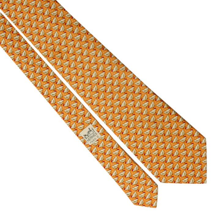 Hermes Men's Silk Tie Whimsical Chicks and Seed Pattern 5180 | Necktie Cravate