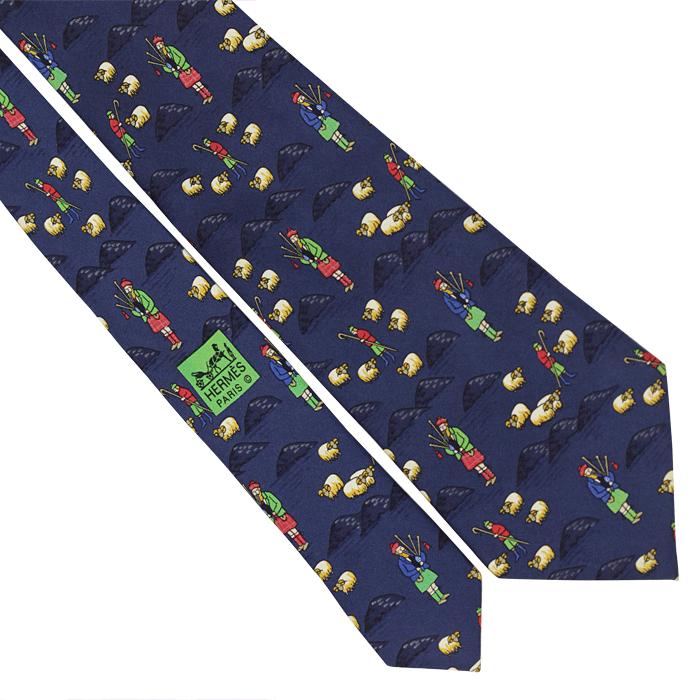 HERMES TIE Auth Mens Silk Necktie Whimsical Scottish Shepards Pattern 7549