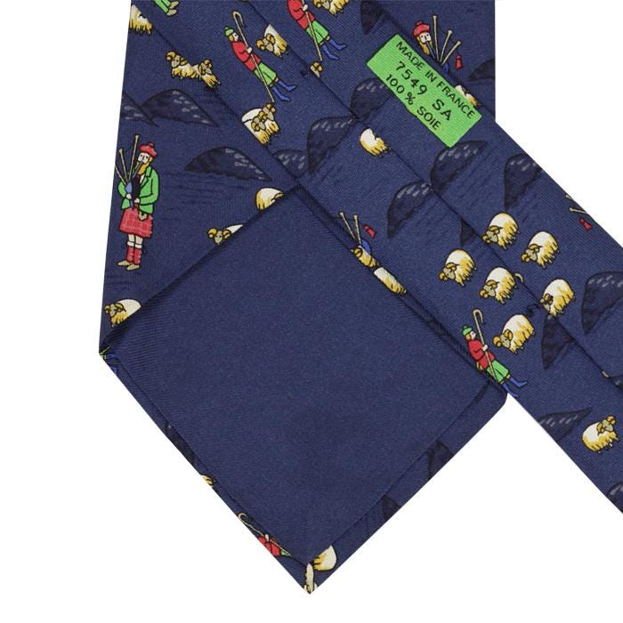 HERMES TIE Auth Mens Silk Necktie Whimsical Scottish Shepards Pattern 7549