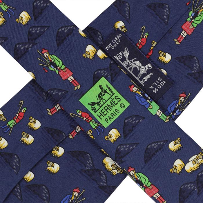 HERMES TIE Auth Mens Silk Necktie Whimsical Scottish Shepards Pattern 7549