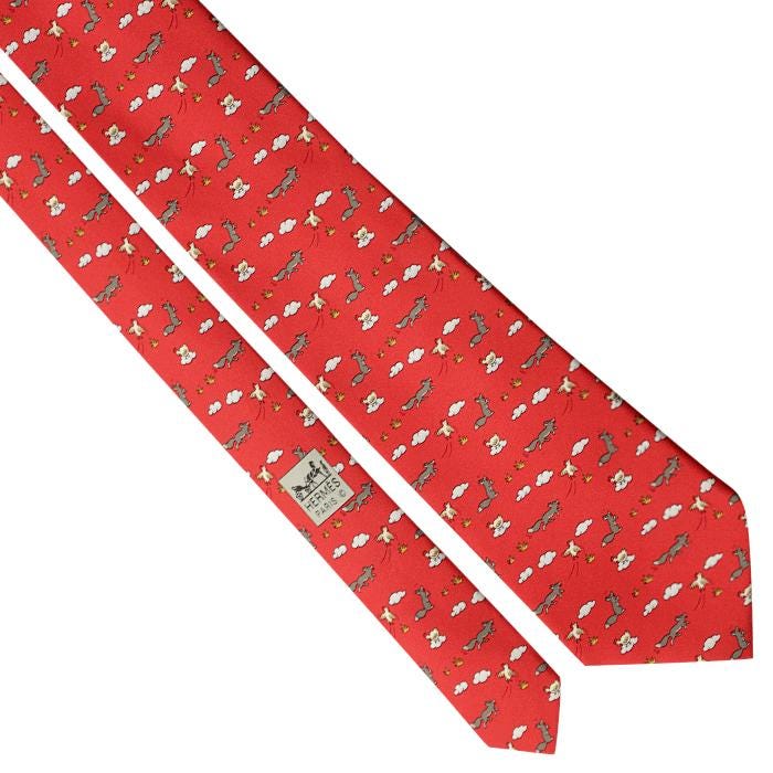 Hermes Men's Silk Tie Whimsical Fox and Hen Pattern 5064 | Necktie Cravate