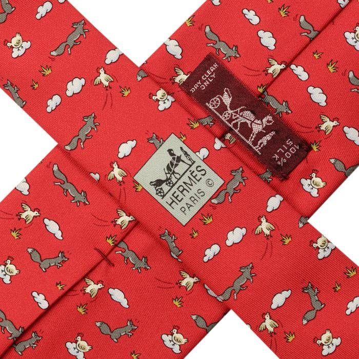 Hermes Men's Silk Tie Whimsical Fox and Hen Pattern 5064 | Necktie Cravate