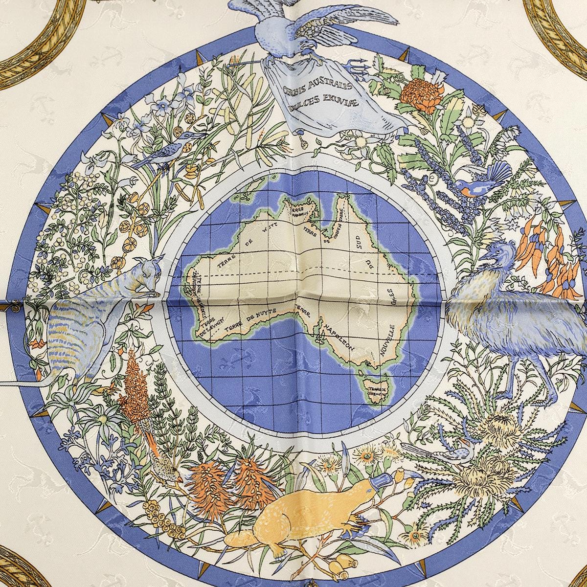 Hermes Scarf "Le Geographe" by Sandra Laroche Vintage 90cm Silk Jacquard | Carre Foulard