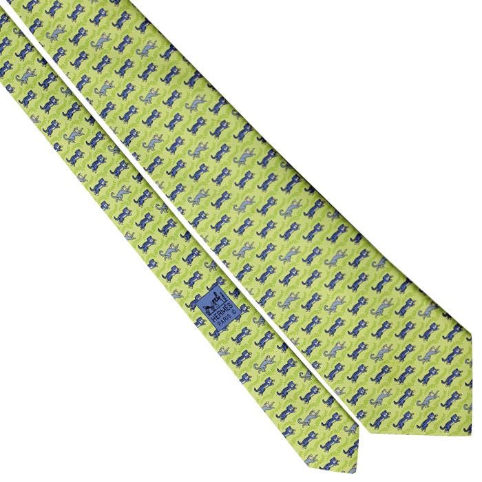Hermes Men's Silk Tie Whimsical Tiger and Monkey Pattern 5382 | Necktie Cravate