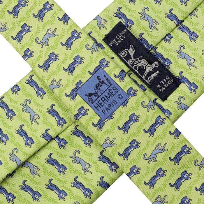 Hermes Men's Silk Tie Whimsical Tiger and Monkey Pattern 5382 | Necktie Cravate