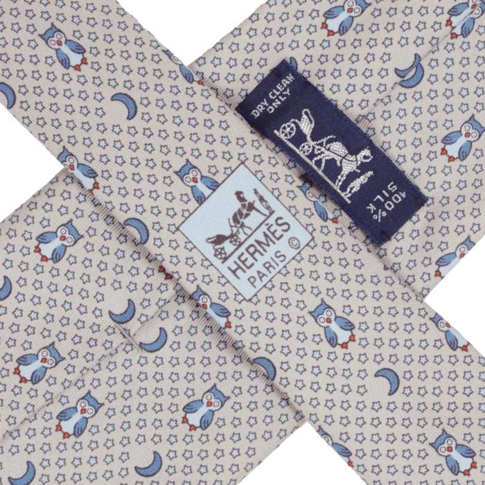 Hermes Men's Silk Tie Whimsical Owls and Moons Pattern 7997 | Necktie Cravate
