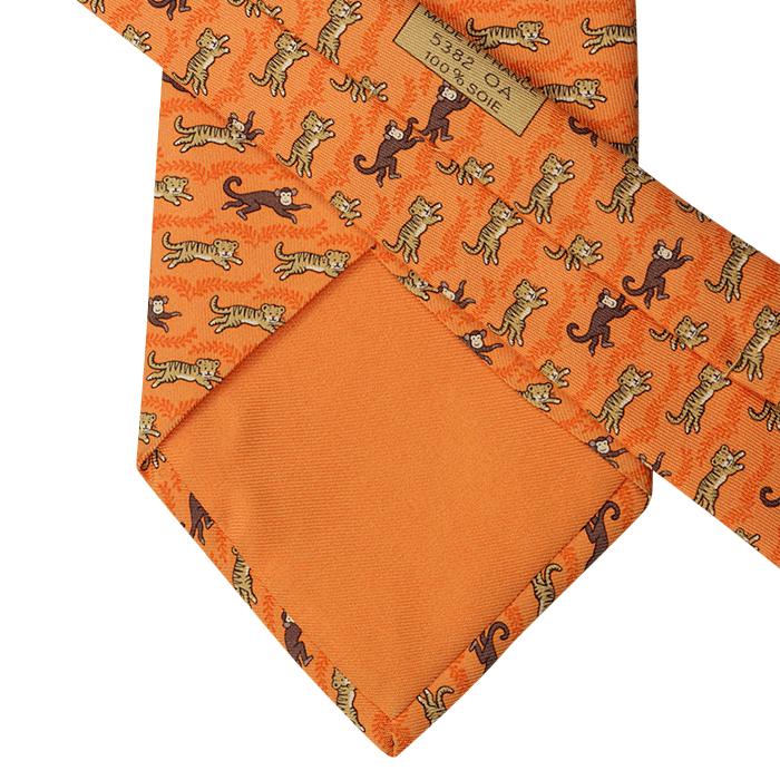 Hermes Men's Silk Tie Whimsical Tiger and Monkey Pattern 5382 | Necktie Cravate