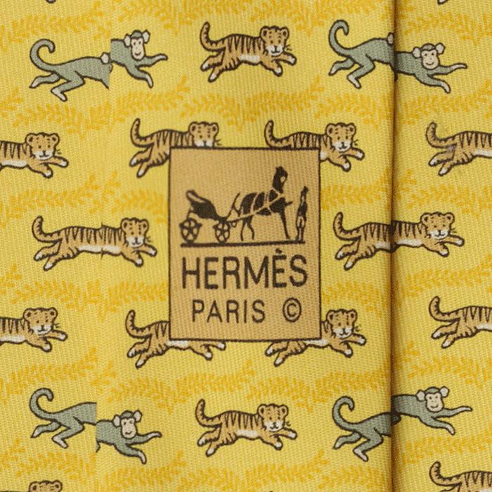 Hermes Men's Silk Tie Whimsical Tiger and Monkey Pattern 5382 | Necktie Cravate