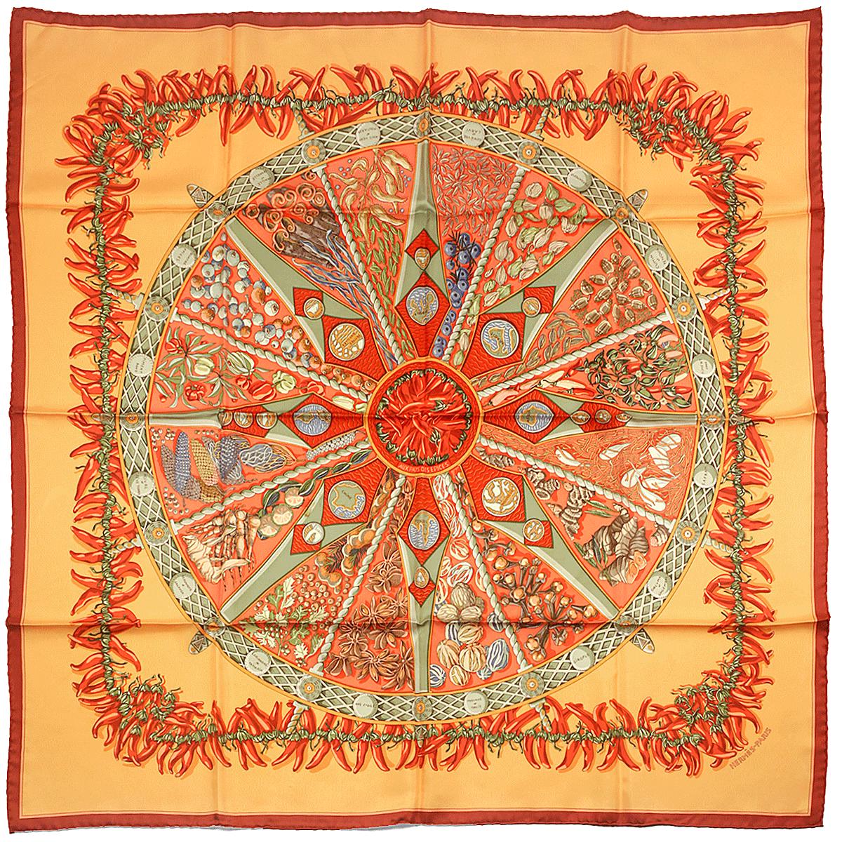 Hermes Scarf "Aux Pays de Epices" by Annie Faivre 90cm Silk