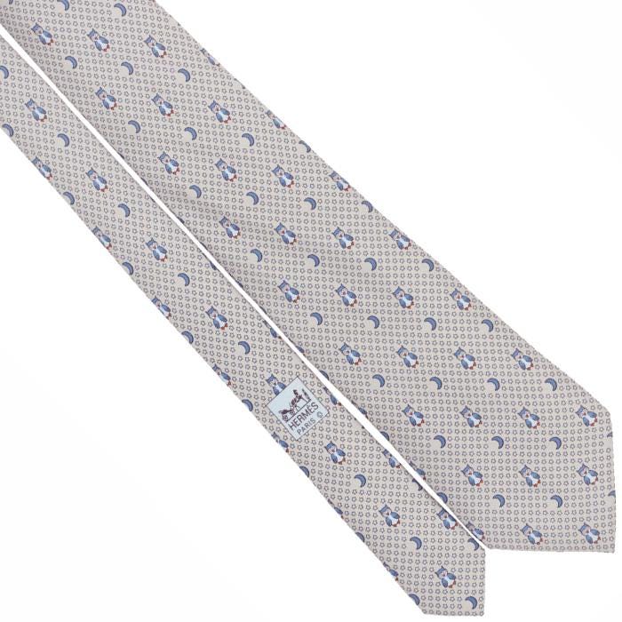 Hermes Men's Silk Tie Whimsical Owls and Moons Pattern 7997 | Necktie Cravate