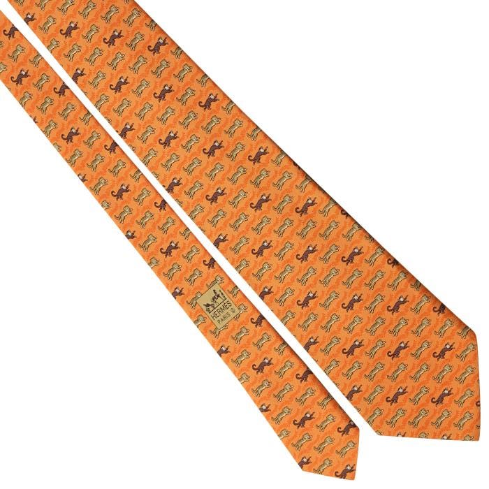 Hermes Men's Silk Tie Whimsical Tiger and Monkey Pattern 5382 | Necktie Cravate