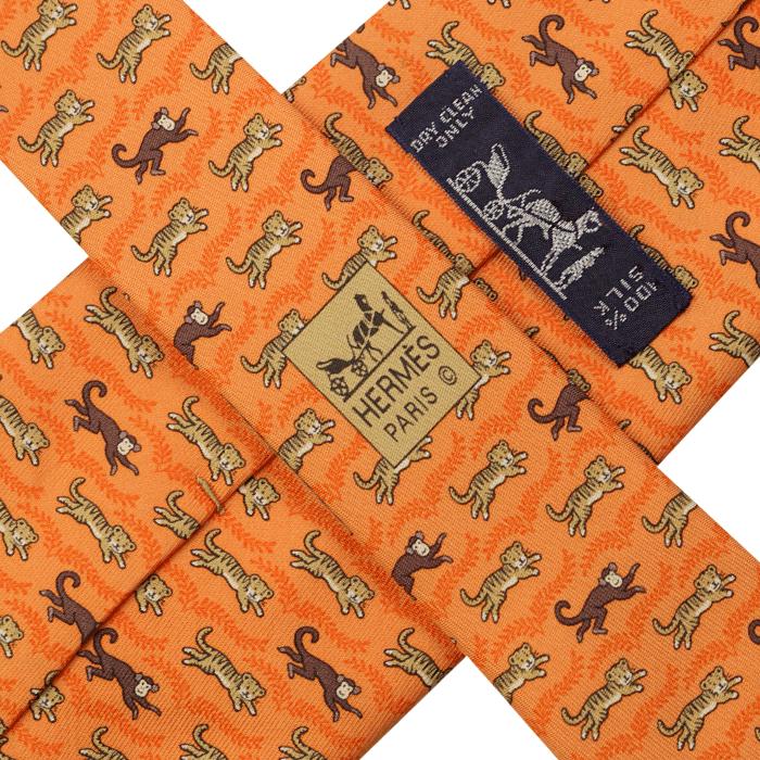 Hermes Men's Silk Tie Whimsical Tiger and Monkey Pattern 5382 | Necktie Cravate