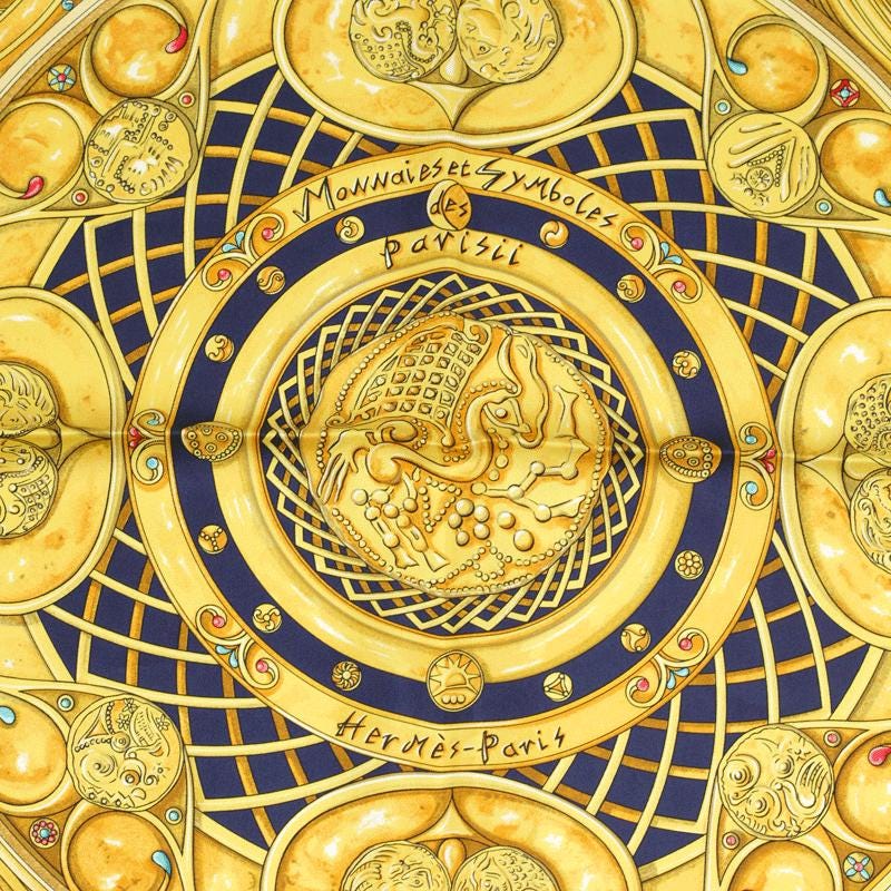 Hermes Scarf "Monnaies et Symboles des Parisii" by Zoe Pauwels 90cm Silk