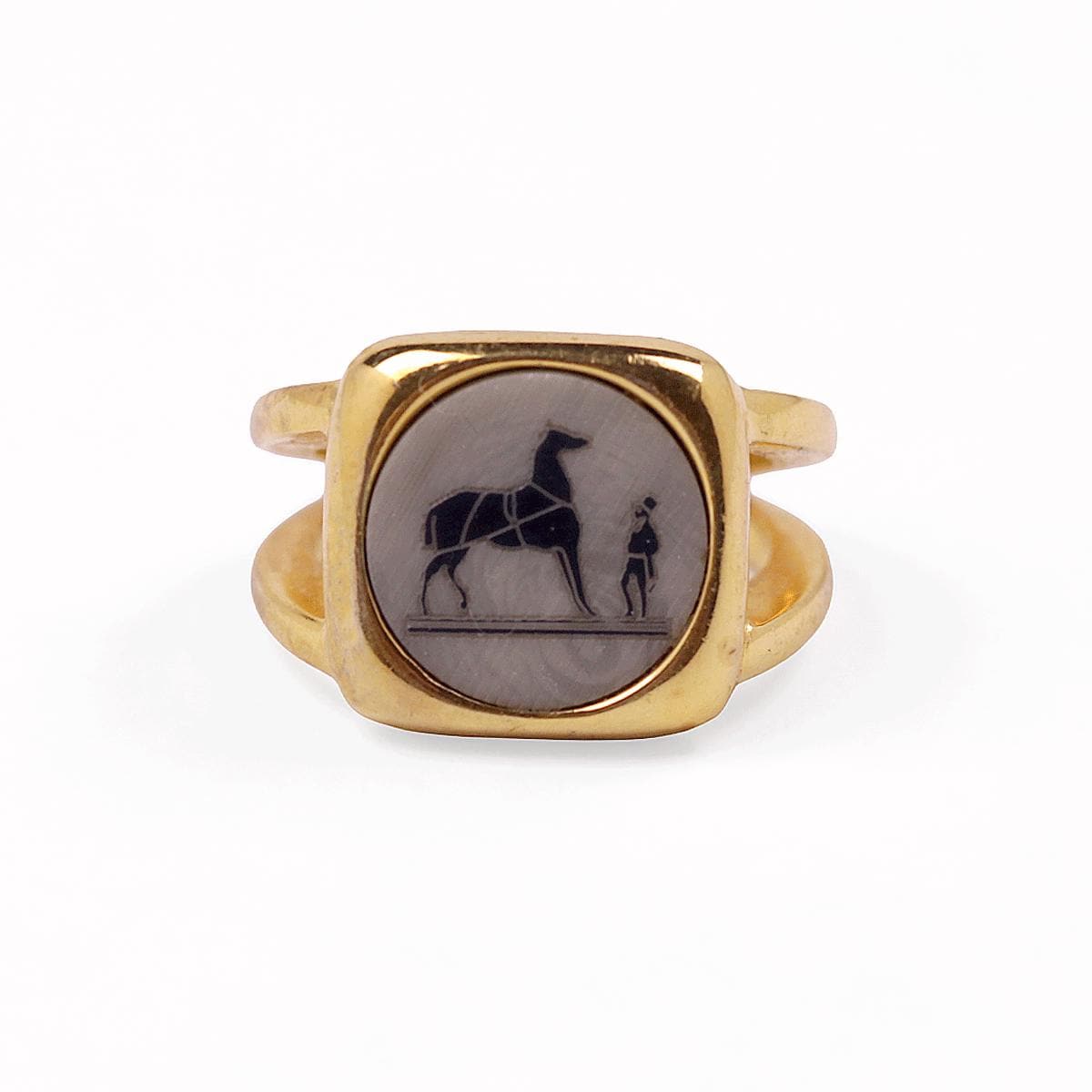 Hermes Bijouterie Fantaisie Horse Corozo Intaglio Gold Ring