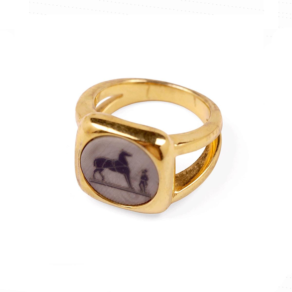 Hermes Bijouterie Fantaisie Horse Corozo Intaglio Gold Ring