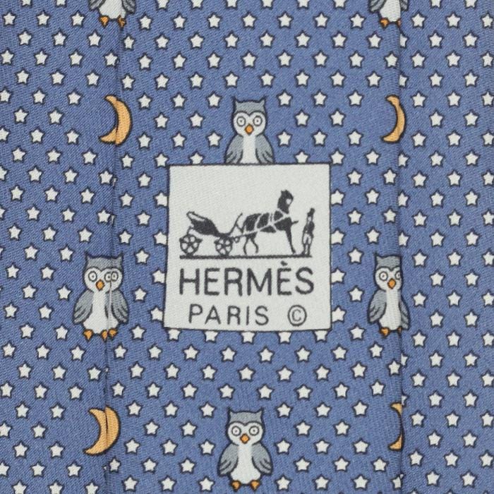 Hermes Men's Silk Tie Whimsical Owls and Moons Pattern 7997 | Necktie Cravate