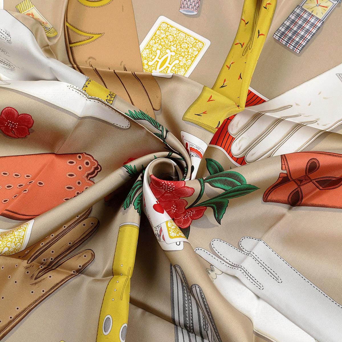 Hermes Scarf "L'Heure des Gants" by Jonathon Burton 90cm Silk | Carre Foulard