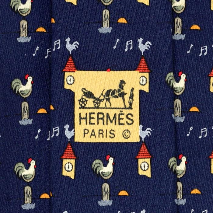 Hermes Men's Silk Tie Whimsical Roosters and Clocks Pattern 7871 | Necktie Cravate