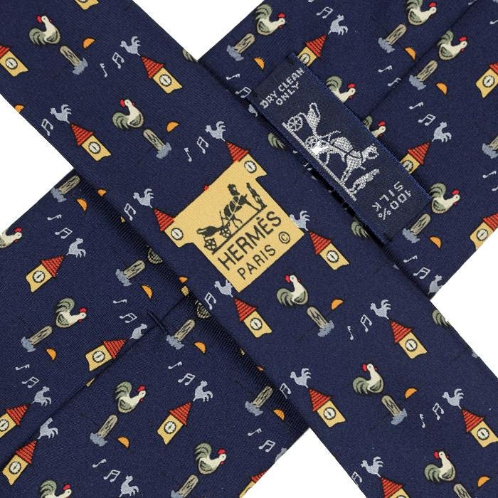 Hermes Men's Silk Tie Whimsical Roosters and Clocks Pattern 7871 | Necktie Cravate