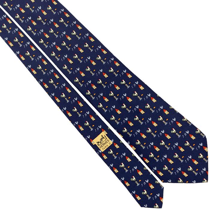 Hermes Men's Silk Tie Whimsical Roosters and Clocks Pattern 7871 | Necktie Cravate